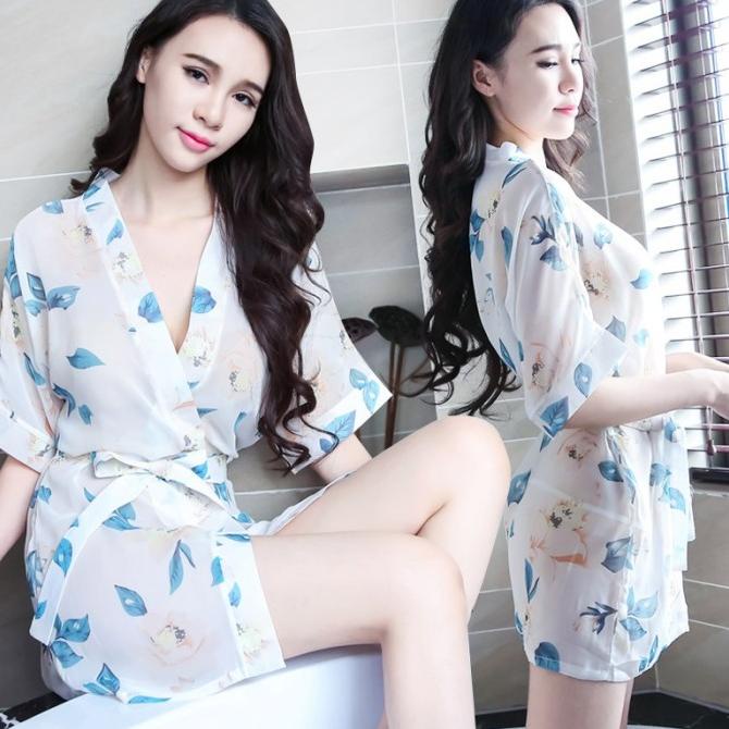 Baju Tidur Kimono Sexy Satin Mandi 2 In 1 Set Pakaian Dalam Wanita