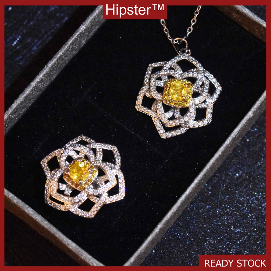 New Fashion Elegant Yellow Diamond Hollow-out Large Flower-Shaped Necklace Micro-Inlaid Flower Ring Set