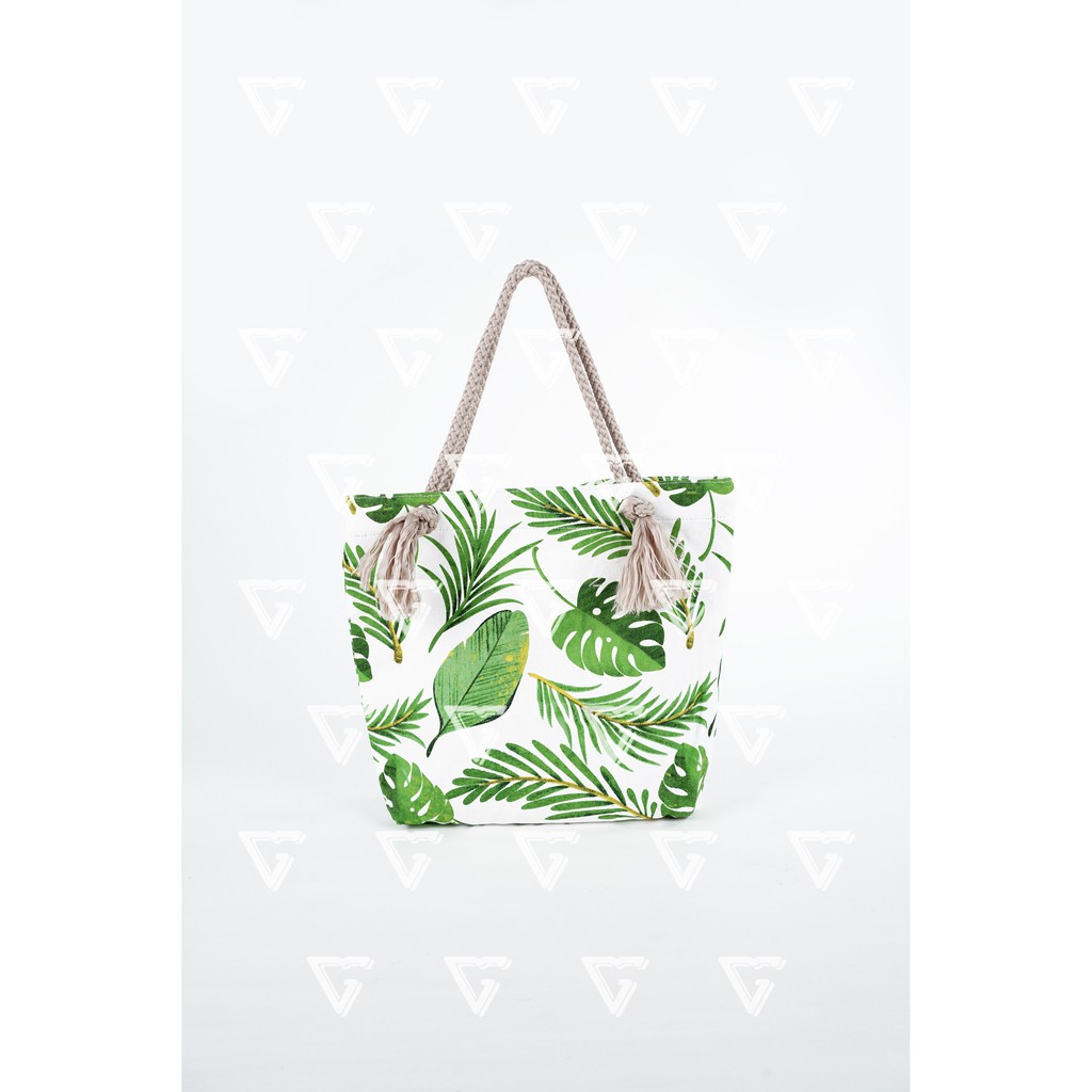 Tote Bag Kanvas Tali Sumbu - Tas Totebag Wanita Talisumbu Kanvas Motif Floral Hijau