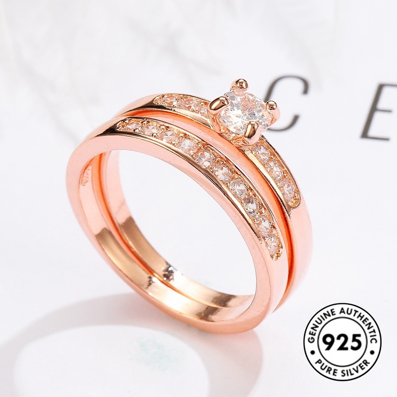 Set Cincin Berlian Klasik Bahan S925 Silver Warna Rose Gold