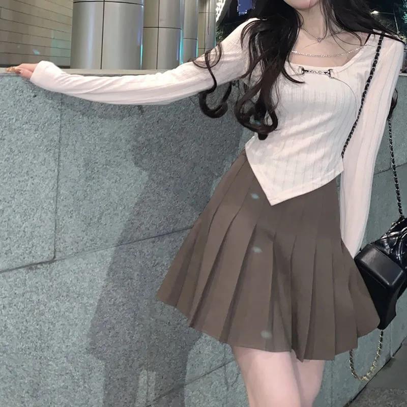 Suhao Musim Semi dan Musim Gugur Pure Fashion Dressing Small Fashion Gaya Barat Palsu Dua-piece Pendek Top Wanita Kulit Penutup Rantai T-Shirt Lengan Panjang