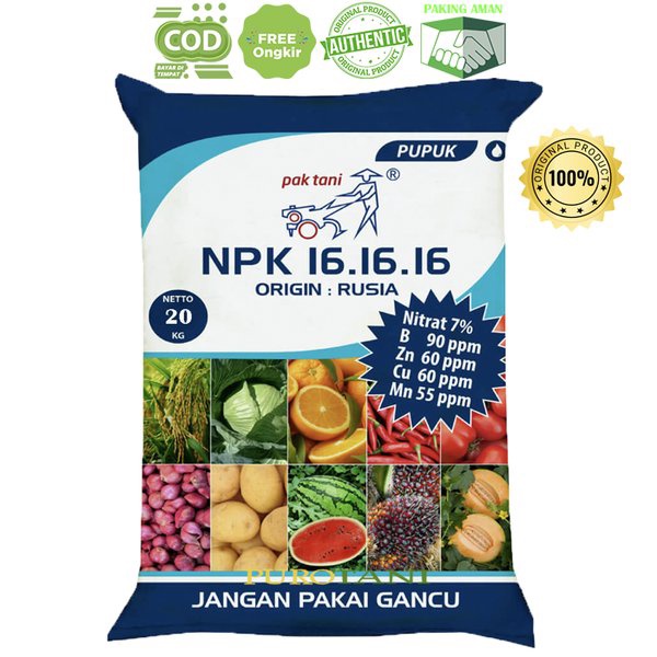 Pupuk mutiara NPK 16-16 -16 Pak Tani NPK  bunga buah daun 20 kg