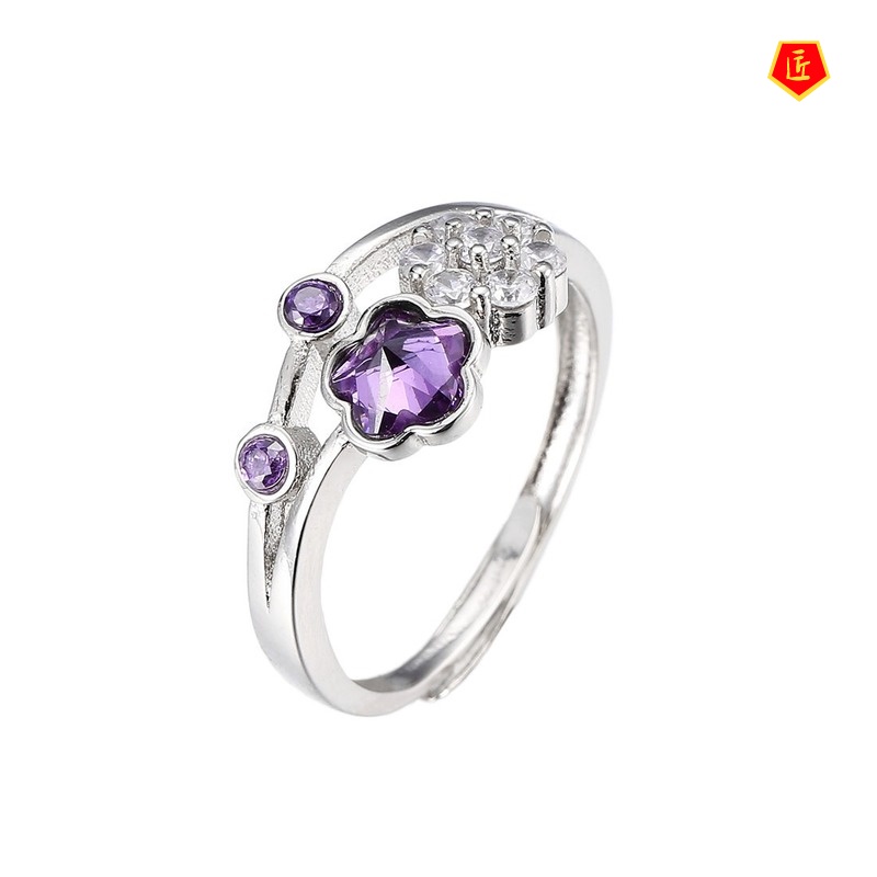 [Ready Stock]Women's Platinum Flower Amethyst Ring