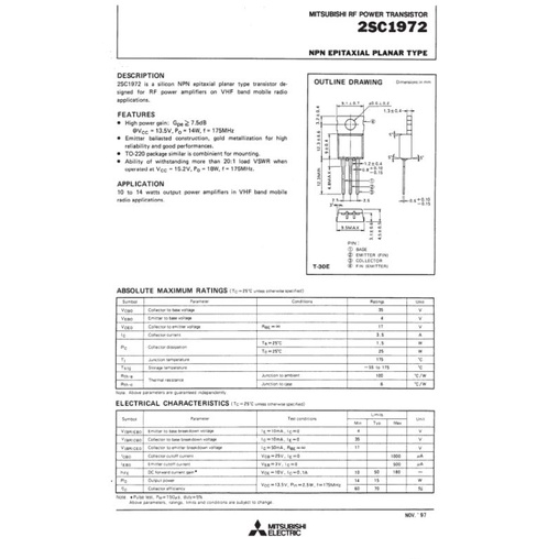 2sc1972 transistor vhf c1972 mitsubishi original 1972