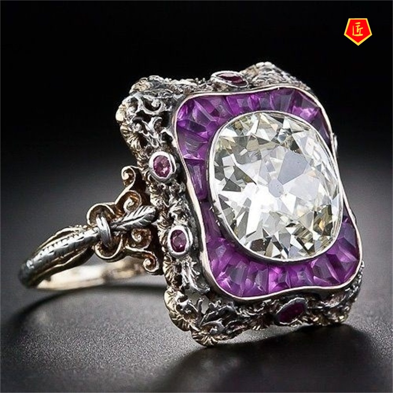 [Ready Stock]Creative Elegant Amethyst Trapezoidal Square Diamond Ring Vintage