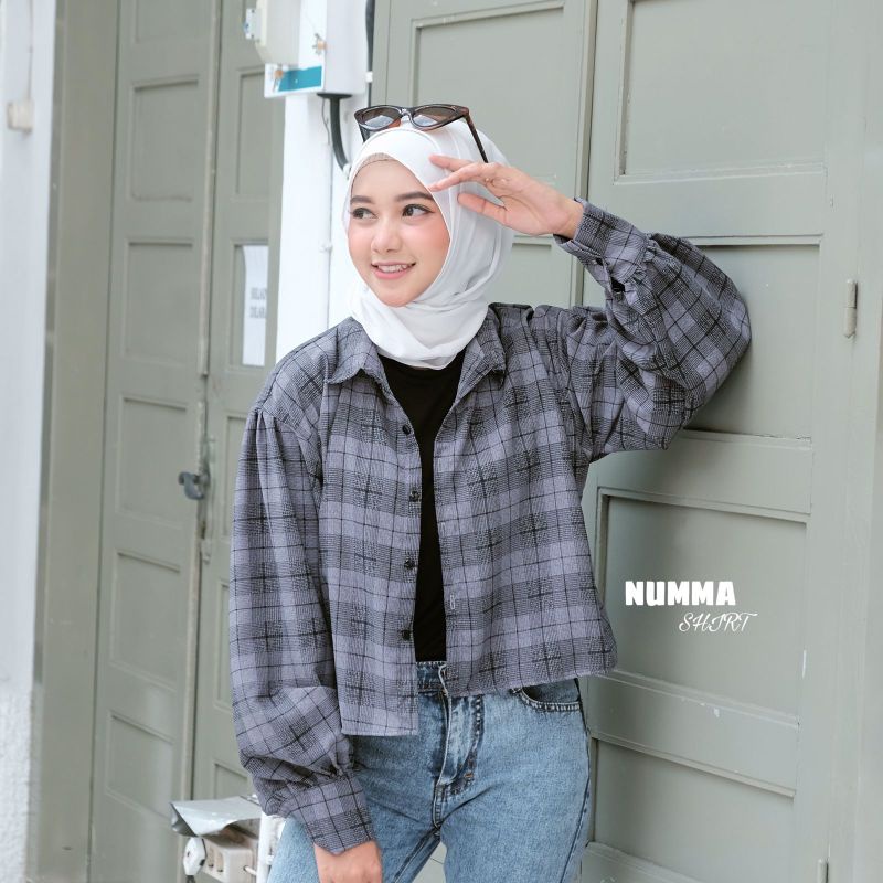 KEMEJA CROP LENGAN PANJANG TARTAN / KEMEJA KOTAK OVERSIZE CROPTY / CROP TARTAN SHIRT / KEMEJA LENGAN BALON