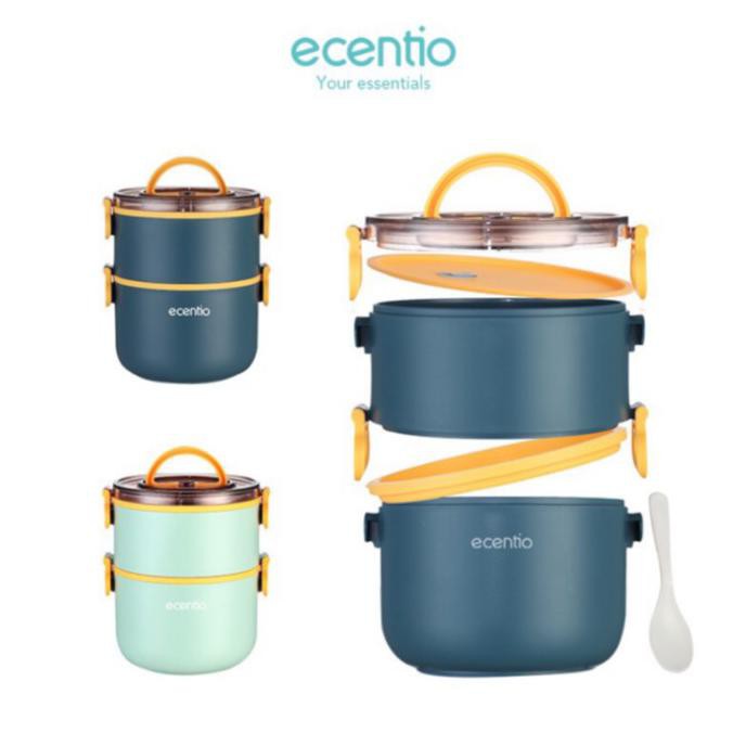 DISKON Ecentio Double Layer Lunch Box/ Kotak Makan/ Rantang 1600 ml Bulat - Biru