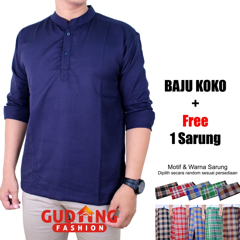 Kemeja Koko Panjang Polos Kerah Shanghai Free Sarung (Banyak Pilihan Warna)