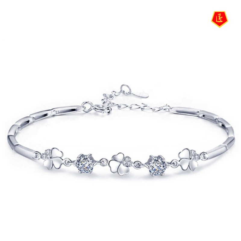 [Ready Stock]925 Silver Sweet Temperament Four-Leaf Clover Bracelet