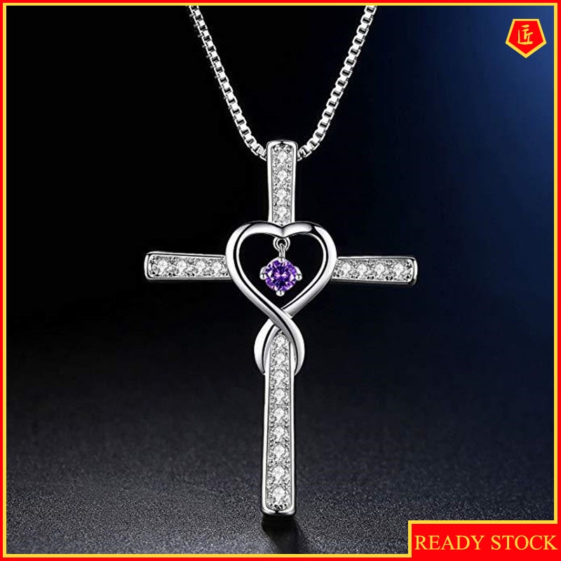 [Ready Stock]Fashion New Cross Inlaid Diamond Pendant Plated 925 Silver Love Necklace