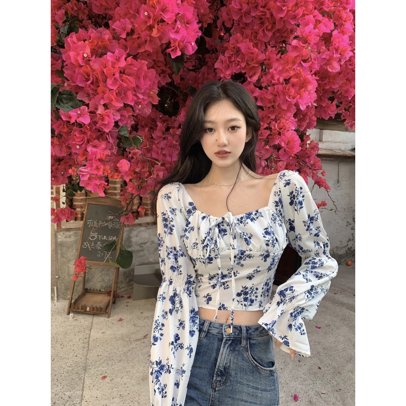 Suhao One Shoulder French Square Neck Floral Shirt Blus Atasan Lengan Panjang