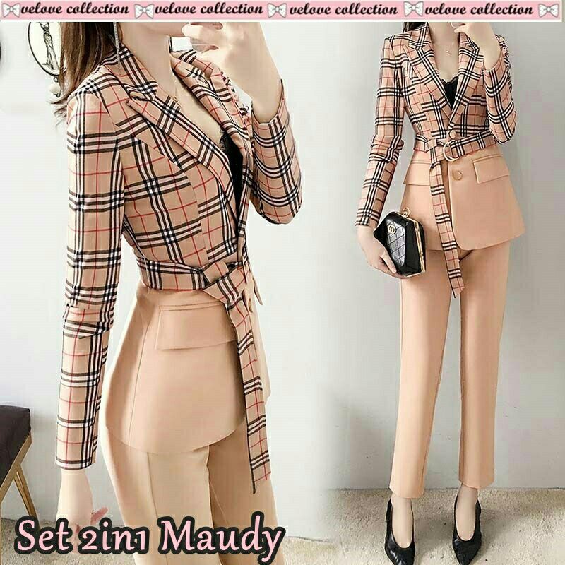 ST Set Stelan Atasan Pant Pants Diamond Crepe Spandek Kotak Maudy