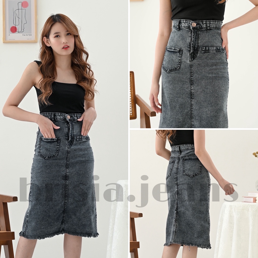 [SIZE 28-33] 3 WARNA - YURA Skirt Jeans 7/8 Rawis Snow Wash Acid / Rok Jeans Bawah Lutut Midi Skirt