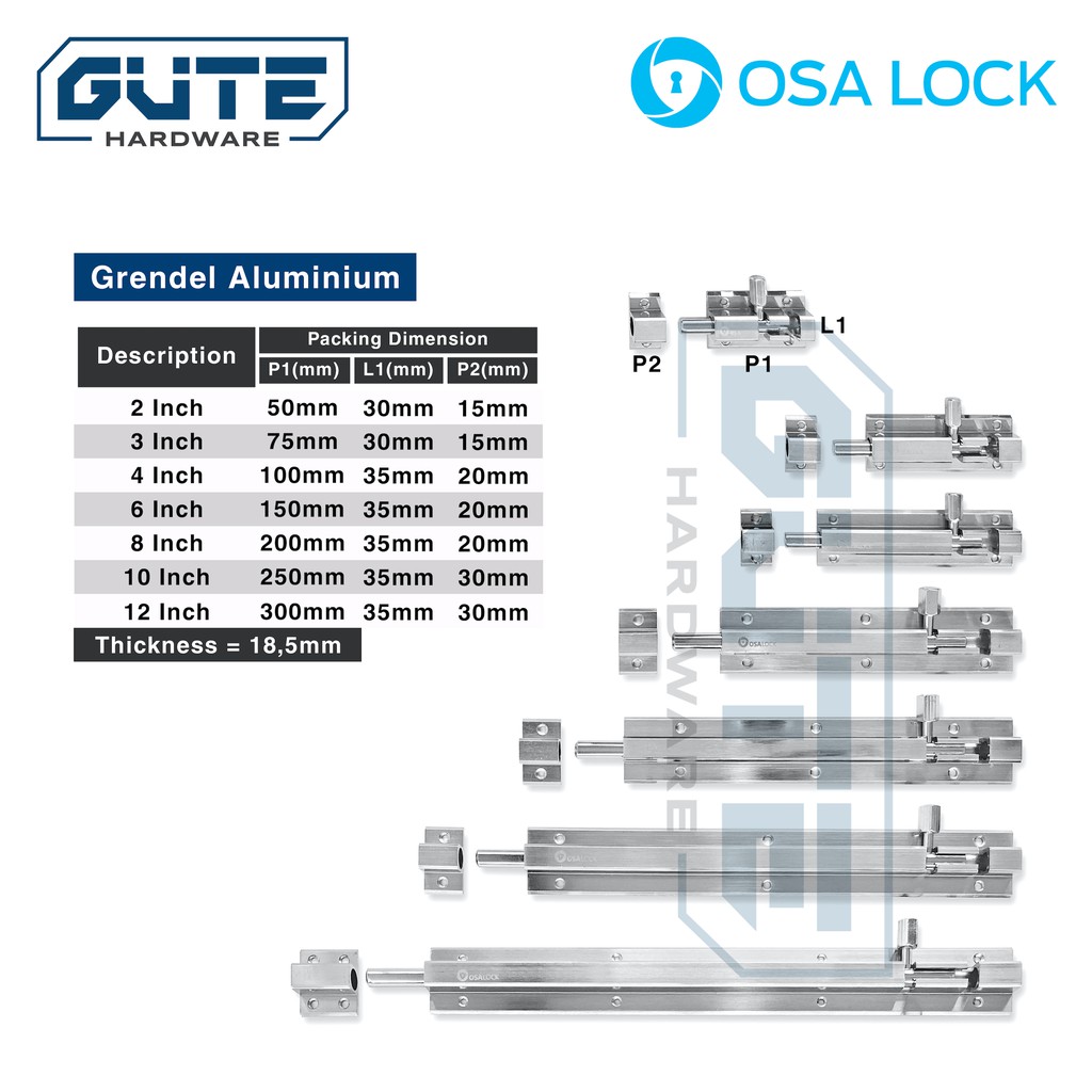 Grendel Pintu / Jendela Aluminium Tebal &quot;OSALOCK&quot; Berbagai Ukuran