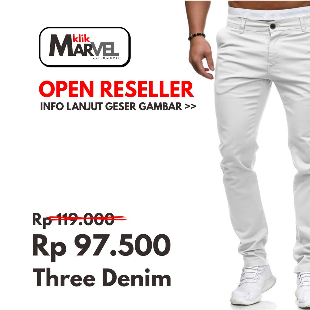  M XXL Celana  Chino Panjang Distro Three  Denim  Putih 