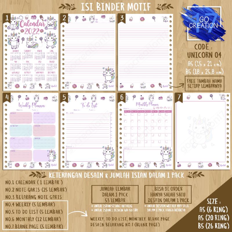 

Buku Planner isi Kertas Binder Motif Unicorn 04 Premium A5 ring 20 dan A5 ring 6