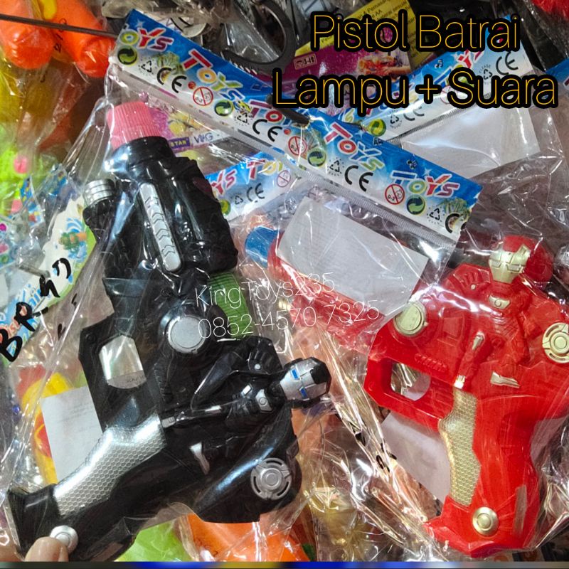 Mainan Pistol Bonus Batrai Lampu Bunyi Suara Ironman Super Hero Polisi Senapang Kado Anak Perang War