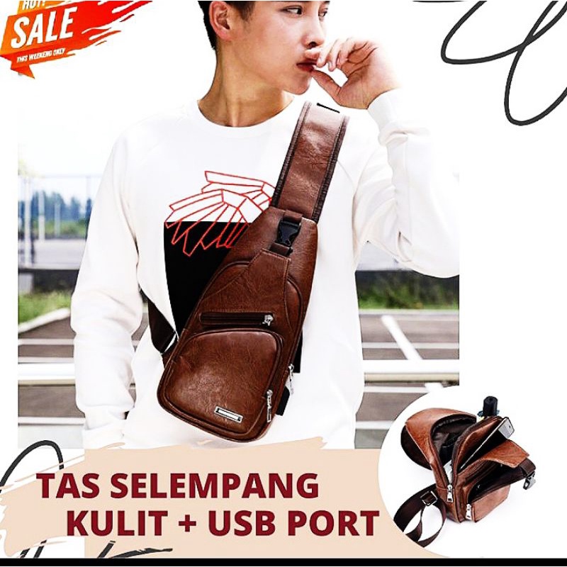 Tas selempang kulit pria / Sling bag USB port