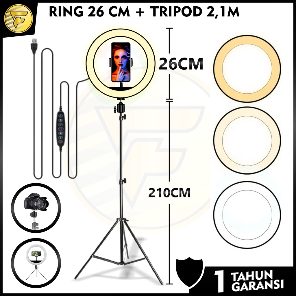 RING LIGHT 26cm + TRIPOD 2,1meter Lampu LED ringlight Selfie Vlog Live Streaming