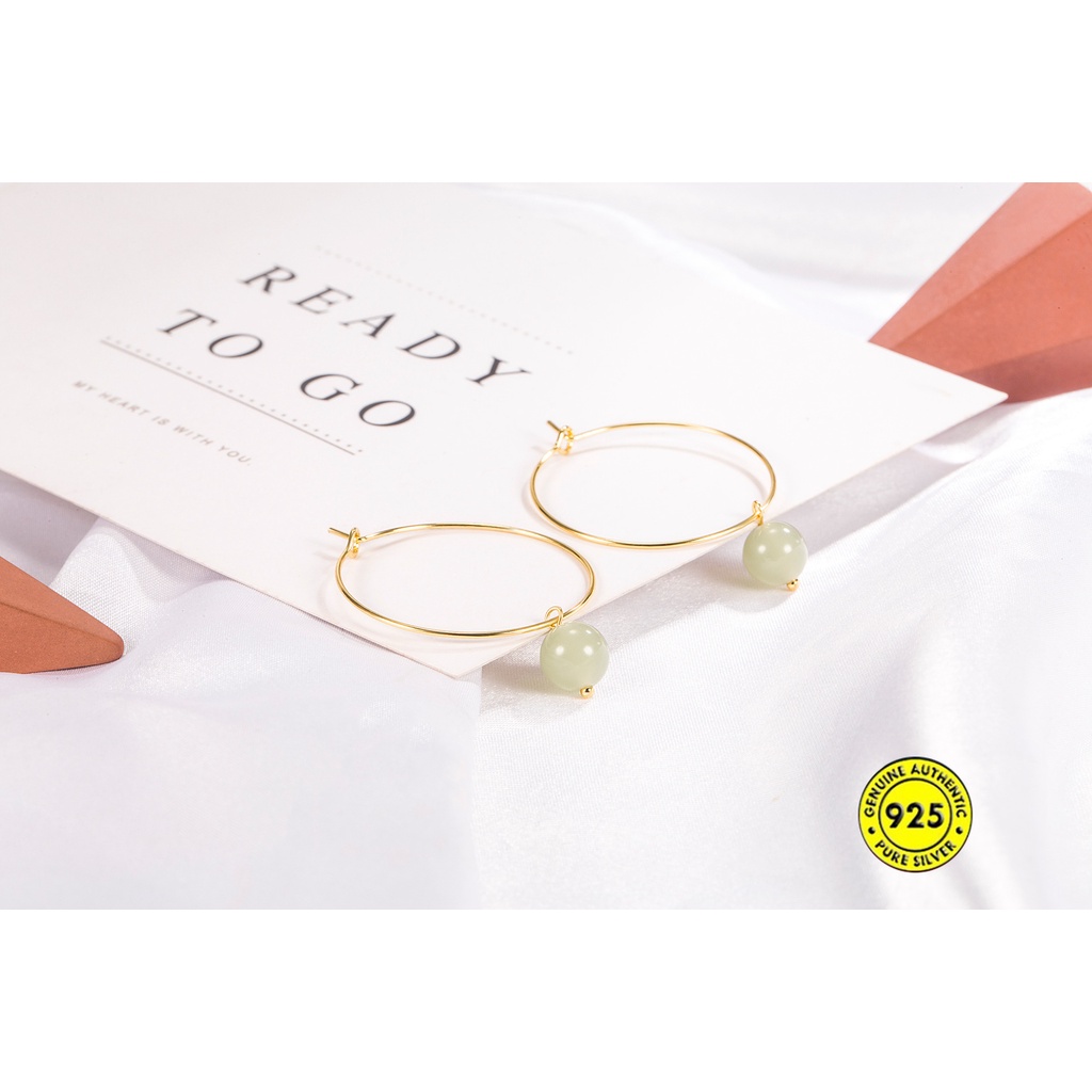 Anting Tusuk Retro Simple Anti Air / Alergi 18K Dengan Batu Giok Untuk Wanita