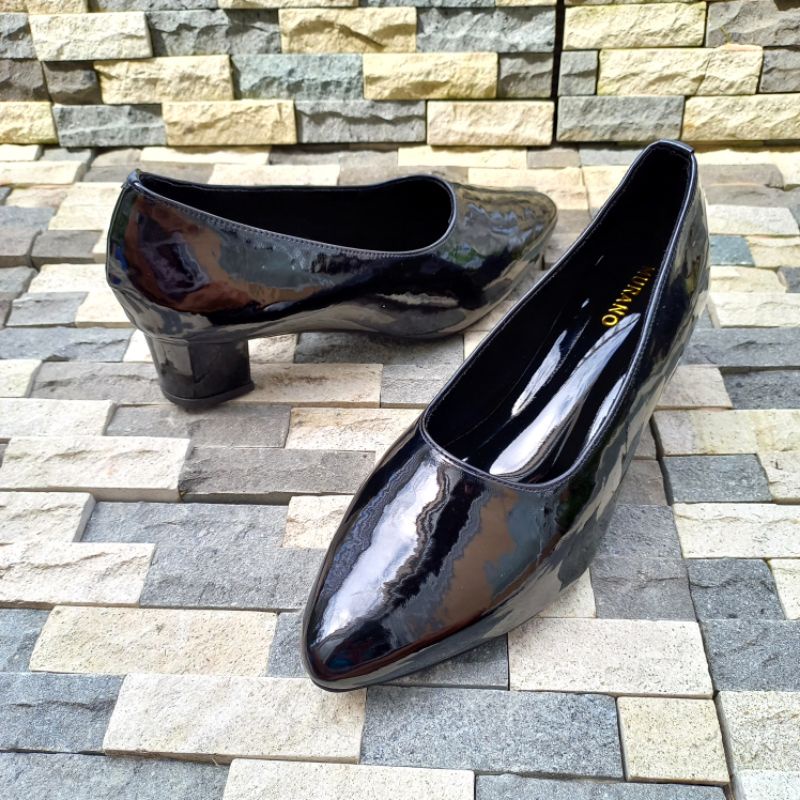 Pantofel Murano Agatha Black Glossy Size 41-46 Hak Balok 5 cm