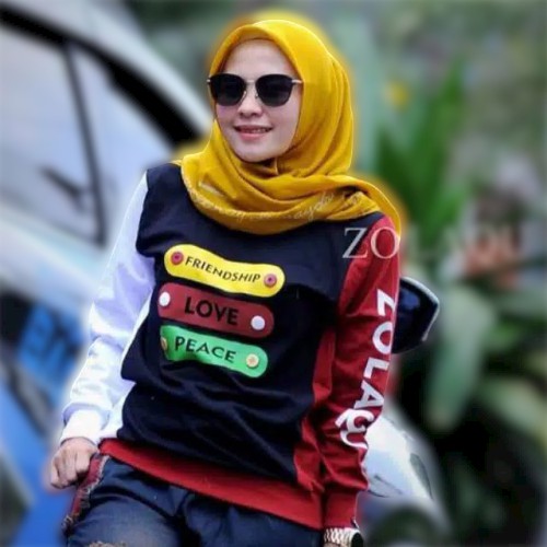 Kaos Zolaqu Navy Kombinasi Motif Baru Atasan Wanita Kaos Lengan Panjang Modis