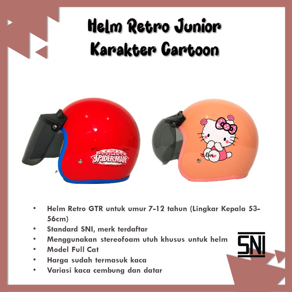 Helm Retro Junior Full Cat Motif Karakter Lucu Unik Murah Plus Kaca Cembung atau Datar