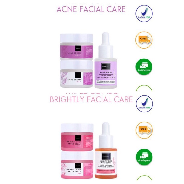SCARLETT WHITENING PAKET 3 IN 1|| SERUM + CREAM SIANG - MALAM || ACNE - BRIGHTLY BPOM ORIGINAL