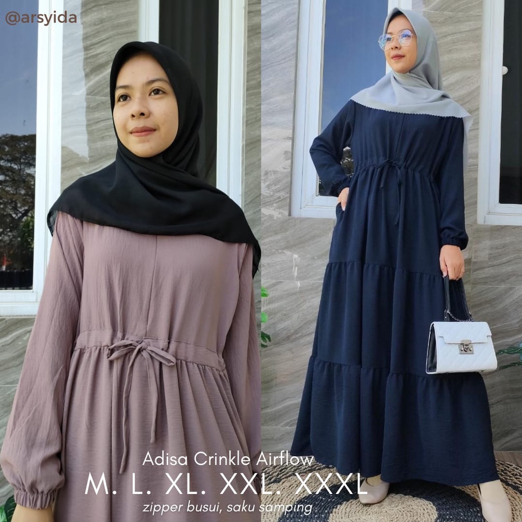 Dress gamis Adisa S-XXXL crinkle airflow polos susun terlaris