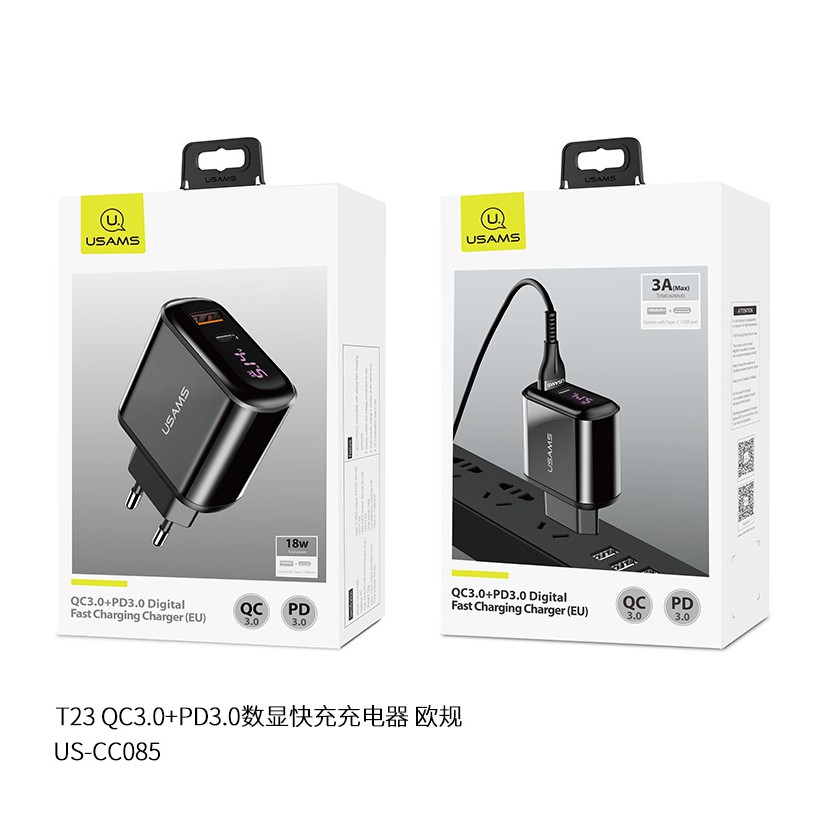 Adapter Fast Charging Charger USAMS 18W QC3.0 + PD3.0 Digital Fast Charging Charger EU