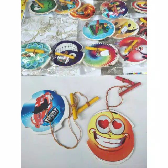 Mainan Gasing Tali Tarik/ Gangsing Jantra /Gasing Kayu Motif Unik /Karakter Mainan Jadul 90'an murah