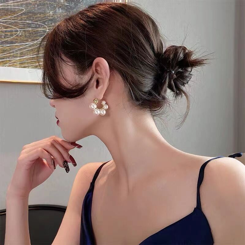 Anting Stud Mutiara Bentuk C Geometris Gaya Vintage Korea Untuk Wanita