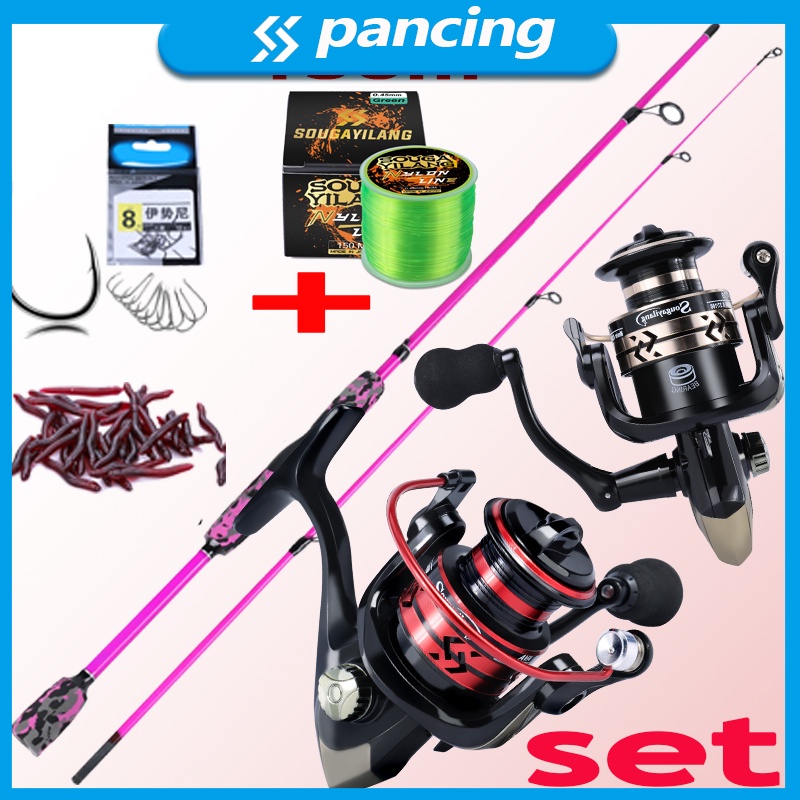 2 Sections Set Pancing Spinnning Fishing Rod Reel Set 1.8m/2.1m Carbon Fiber Fishing Rod and 2 Style Fishing Reel pancing with 150m PE Fishing Line Hooks Fishing Kit Outdoor Sport Travel pancingan set lengkap