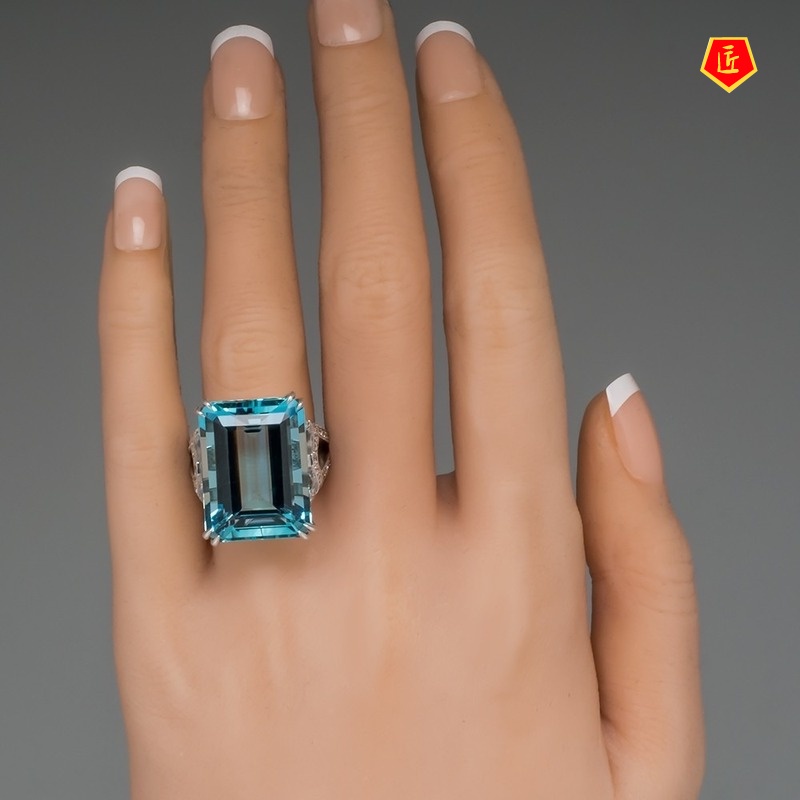 [Ready Stock]Inlaid Sea Blue Topaz Square Diamond Ring Fashion