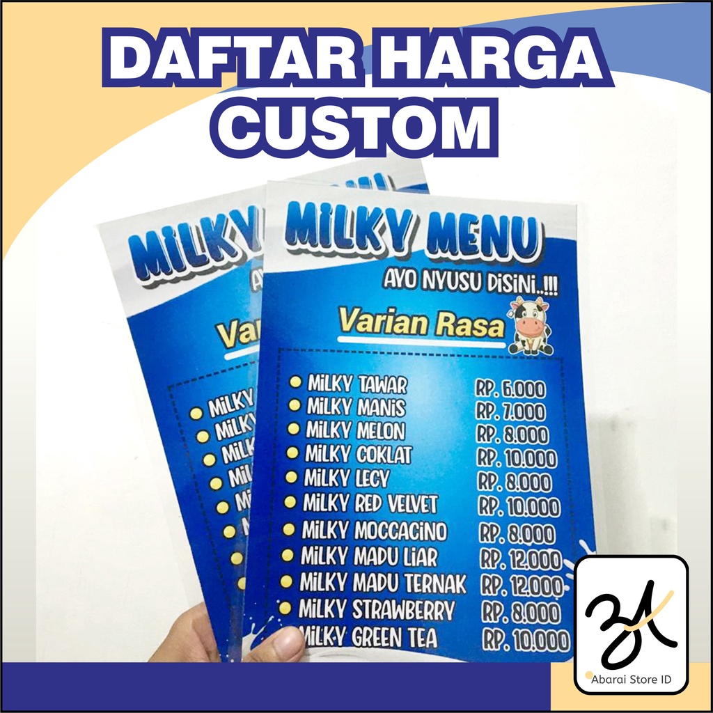 

Cetak Daftar harga / Daftar menu Ivory Ukuran A4/F4 / Ivory 210gr / 230gr / 260gr / Fullcolor 1 Sisi / 2 Sisi