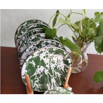 PIRING ENAMEL SENG KALENG BURIK BLURIK BLIRIK LURIK LOREK LORENG BATIK HIJAU JADUL KUNO ANTIK 18 CM