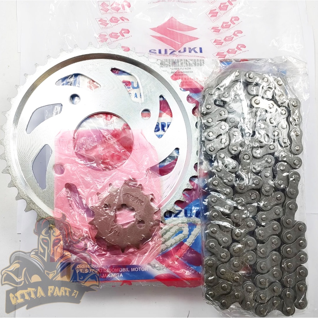 GEAR SET + RANTAI SUZUKI KUALITAS ORIGINAL SUZUKI PRESISI PAS DAN DIJAMIN MANTAP SATRIA FU NEW SUZUKI gear paket depan belakang dan rantai SATRIA FU NEW