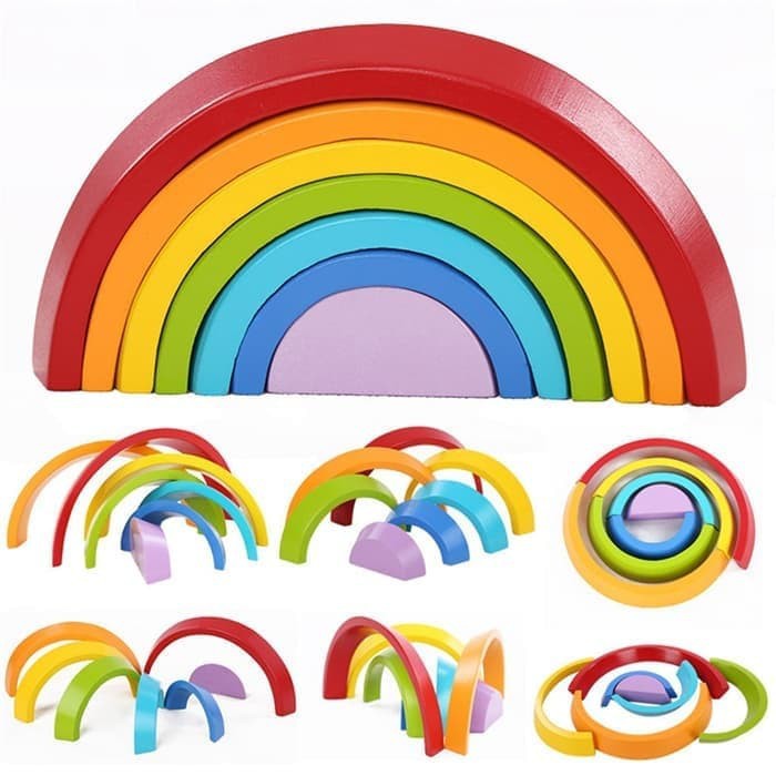 MAINAN EDUKASI ANAK - RAINBOW STACKING TOYS WODDEN MENARA PELANGI 7 BY AGEN MAINAN - AM 0325