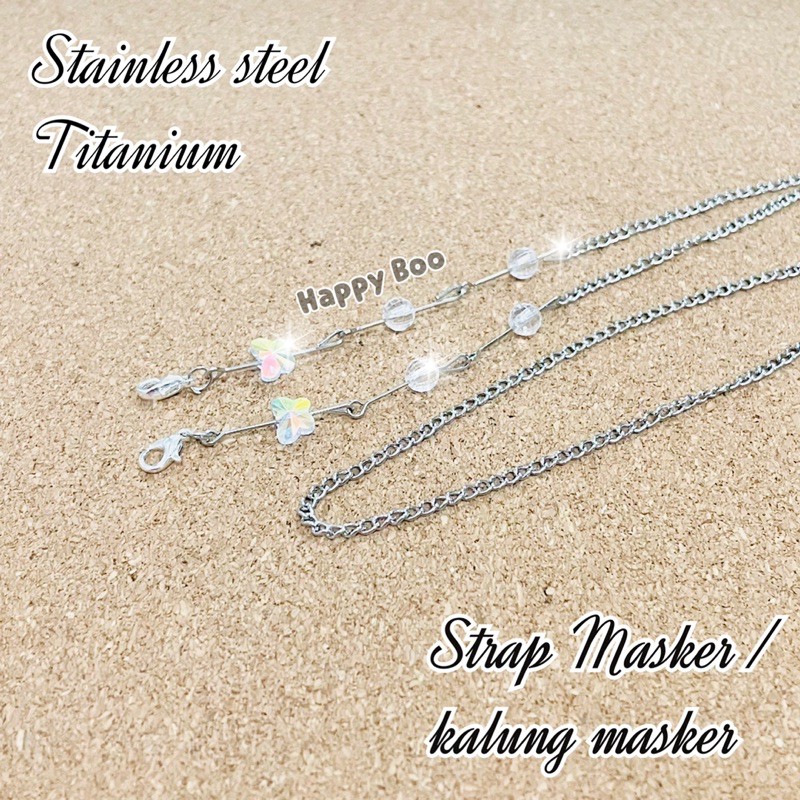 strap masker kalung masker stainless titanium crystal kupu tali masker konektor masker hitam silver