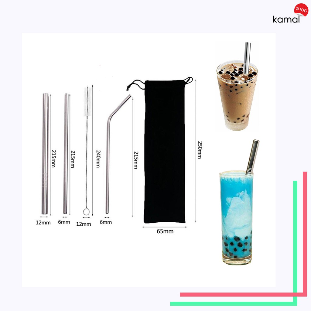 Sedotan Boba Stainless Sedotan Stainless 4in1 Free Pouch Reusable Straw