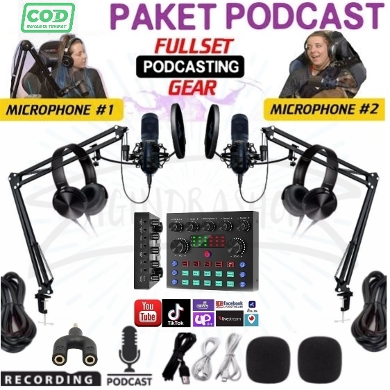 PROMO PAKET LENGKAP ALAT PODCAST 2 Orang Mic Condenser Microphone Bm800 + Pop Filter + Soundcard V8S