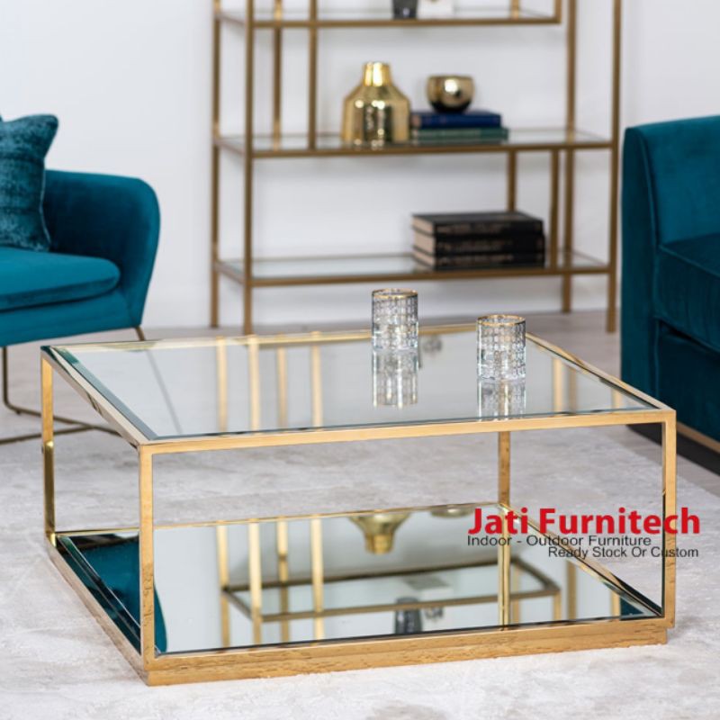 Coffe Table Stainless Gold Top Kaca Cermin Bevel
