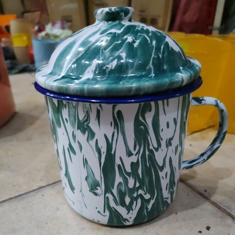 Cangkir Mug Gelas Enamel Cangkir Seng Kaleng 12cm tutup mug jadul