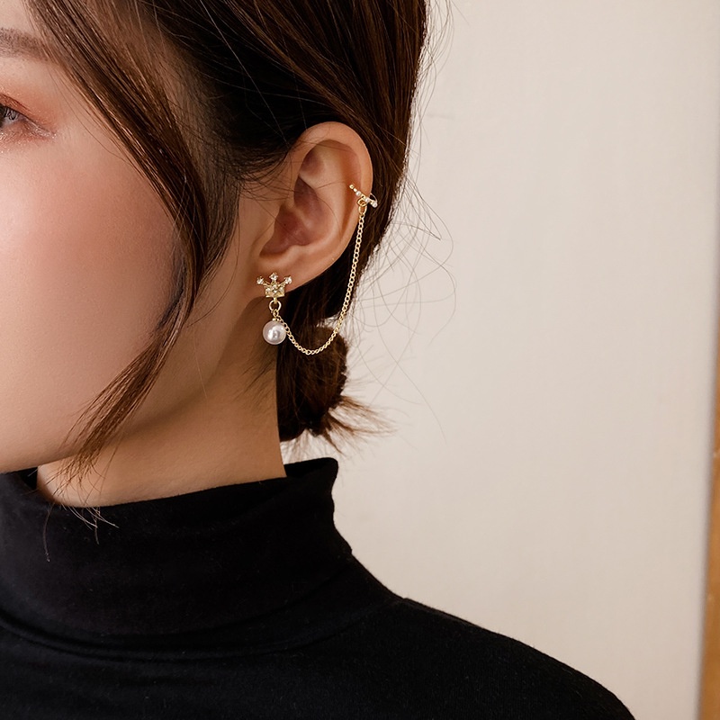 【MHANG】Anting Klip Mutiara Mahkota Emas Manis Anting-anting Wanita Rantai Terintegrasi Fashion Unilateral