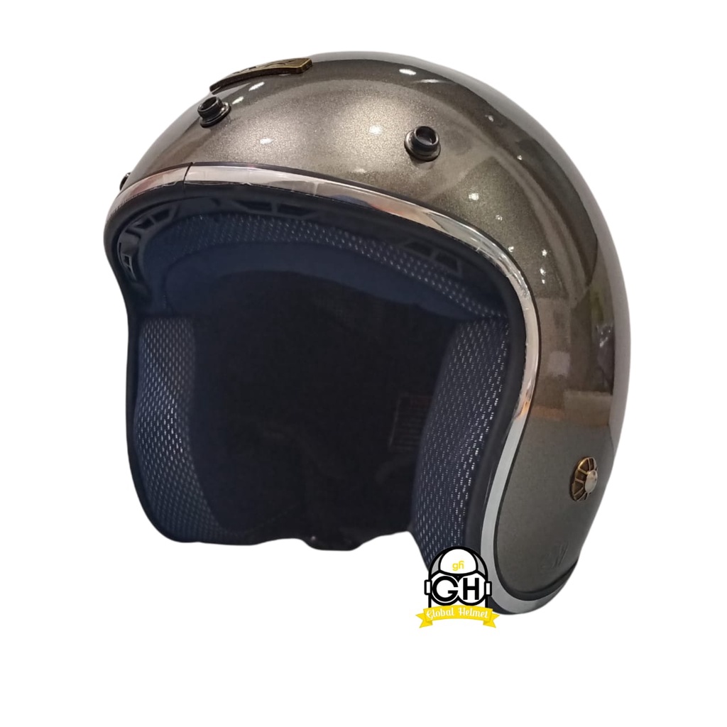 Helm Retro List Chrome Allgrey Helm Bogo Half Face SNI Free Kaca Flat