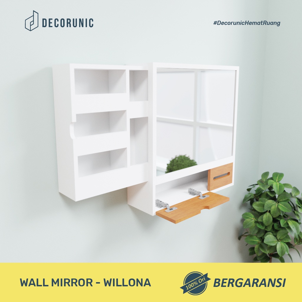 Decorunic Wall Mirror Cermin Rias Dinding Dengan  Rak Make Up - Cermin Dinding Dengan Lemari Penyimpanan Minimalis - Willona