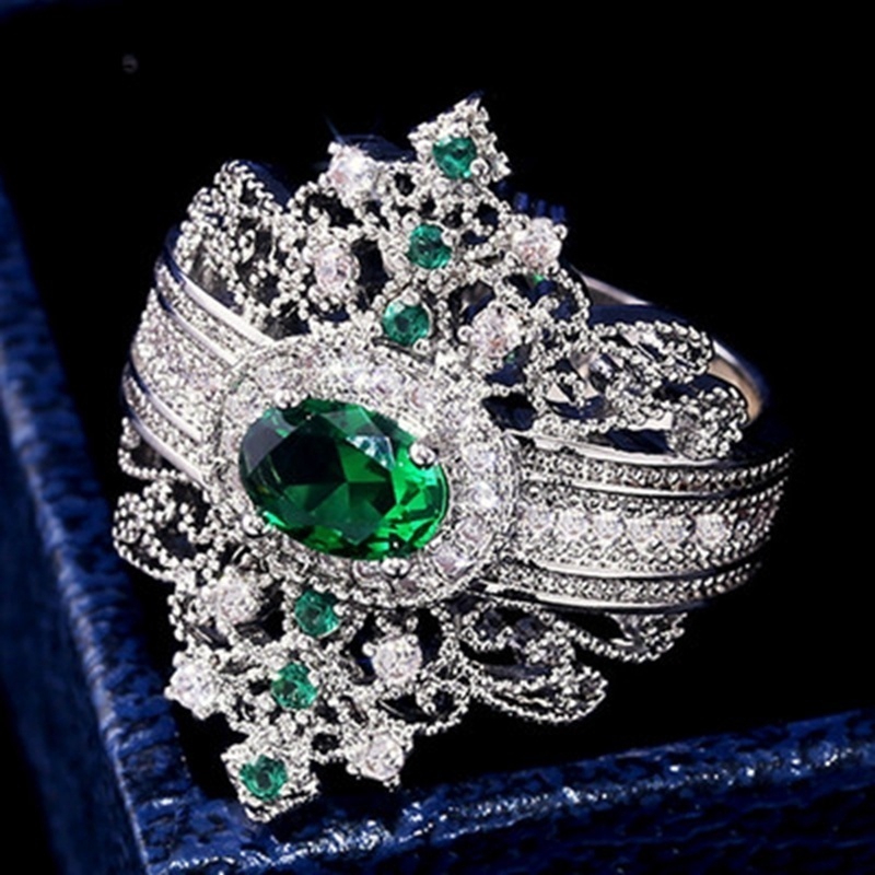 Mewah Perempuan 925 Perak Inlay Emerald Kristal Gemstone Cincin Mode aristokrat Court Style Jewelry