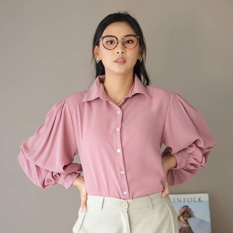 AUDRY RUFI BASIC SHIRT BLOUSE WANITA / KEMEJA POLOS PUTIH LENGAN BALON