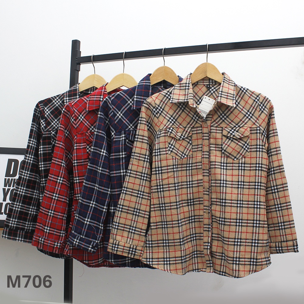 𝑱𝒂𝒌𝒂𝒓𝒕𝒂𝑭𝒂𝒔𝒉𝒊𝒐𝒏 kemeja flanel wanita basic tartan shirt collar longsleeves jangkis top flat kotak