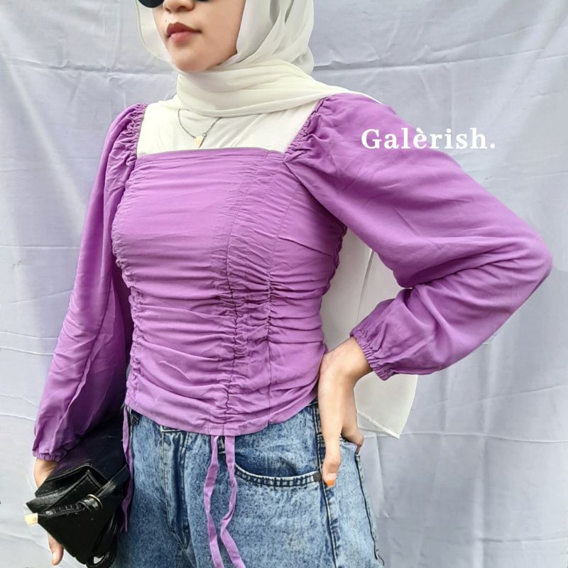 JOLIE TOP | Atasan Sabrina Kerut Tali warna Lilac Hitam Nude Brown Putih